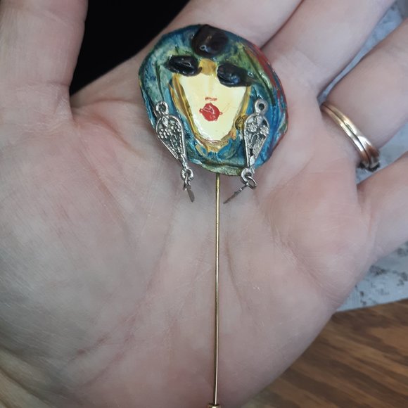 Vintage Collectible Signed NOEMI Sarel Hand Crafted Face Stick Pin  4" X 1.25” - Picture 8 of 9